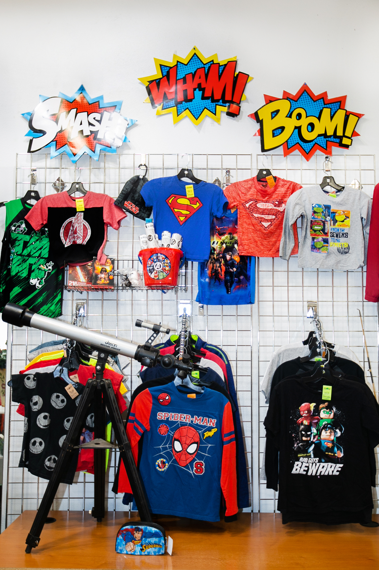 Kids apparel and superhero display